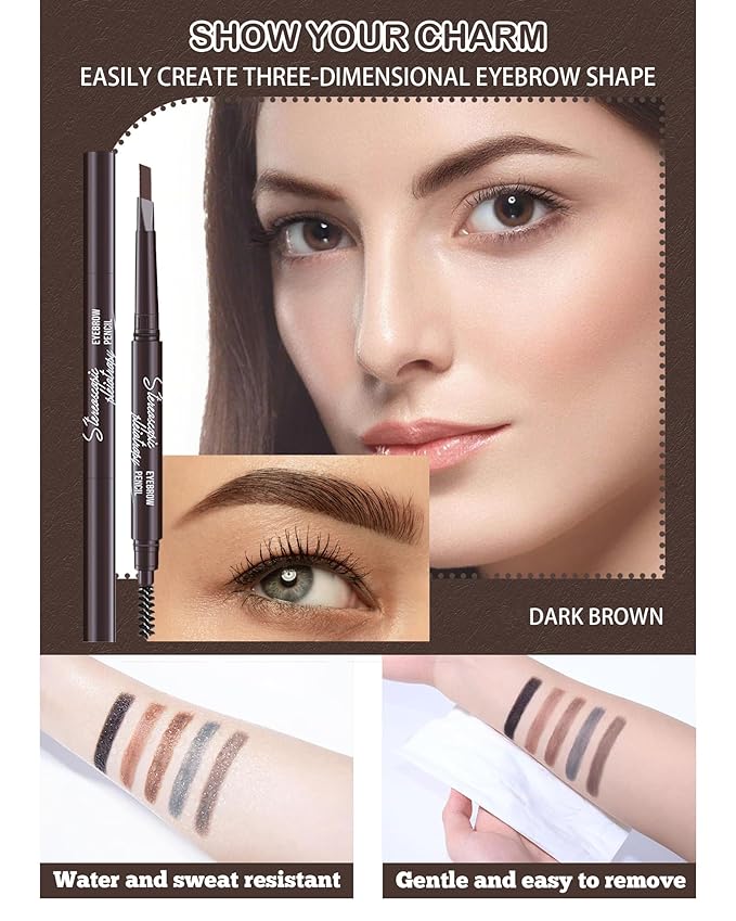 Berinist Waterproof Eyebrow Pencils for Women, 6Pcs Double-ended Dark Brown Eye Brow Pencil with Razor Kit, Triangular Tip Design Makes it Easier to Define and Fill in Brows for a Natural Look