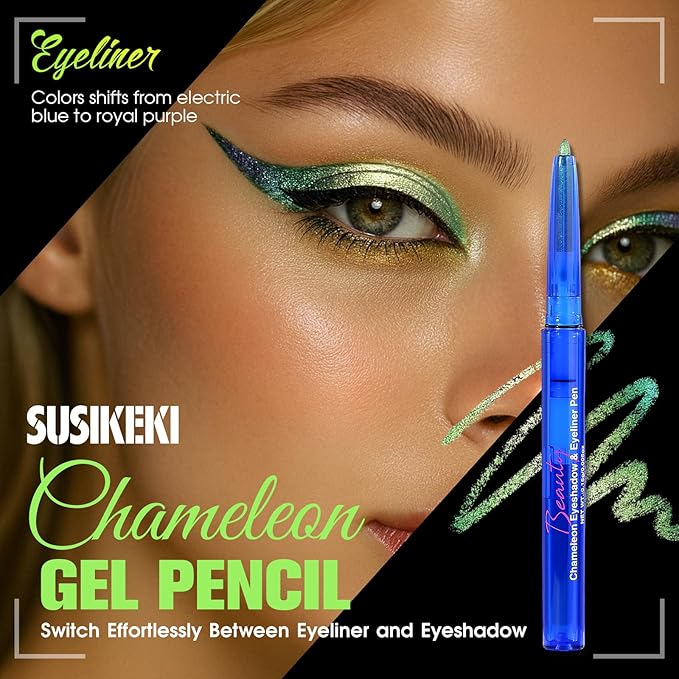 Chameleon Metallic Eyeshadow & Eyeliner Gel Pencil – Multichrome Shifting Colors Glitter Eye Makeup, Waterproof Long-Lasting Smudge-Proof Duochrome Pencil (Forest Green to Chartreuse Gold)