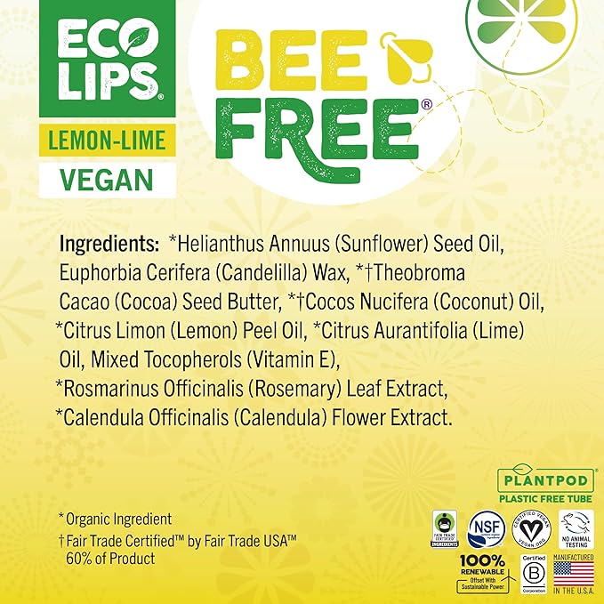 Vegan Lip Balm Lemon Lime Flavor 3 Pack - Bee Free with Candelilla Wax, Cocoa Butter & Coconut Oil Lip Care. Soothe & Moisturize Dry, Chapped Lips - 100% Plastic-Free Plant Pod Packaging - Made in USA