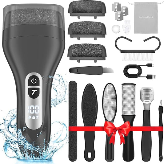 AdamPark Electric Foot File Callus Remover, Rechargeable Pedicure Tools Foot Care Kit, Portable Callus Remover Kit with 3 Roller Heads,2 Speed,Battery Display (Black Z2)
