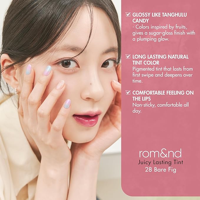 rom&nd Juicy Lasting Tint #28 Bare Fig - K-Beauty MLBB Lip Gloss for Cool Undertones, Vivid Long-Lasting Shine, Moisturizing & Non-Sticky Lip Stain