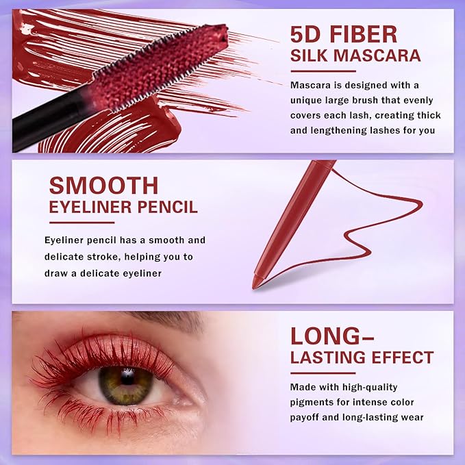 Burgundy Mascara and Eyeliner Set 5D Red Mascara for Eyelashed, Volumizing Curling Defining Eye Lashes, Long-Lasting Waterproof Red Eyeliner