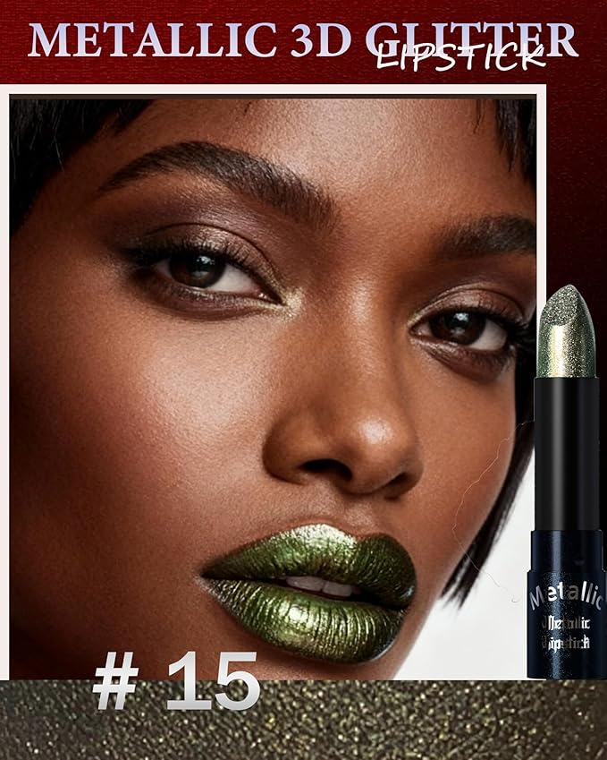 Glitter Dark Green Metallic Lipstick for Women,Long Lasting Shimmer Sparkling Diamond Lipstick Glitter High Pigmented Lip Gloss Metallic Matte Red Lip Color Stain Waterproof Halloween Lips Makeup-15