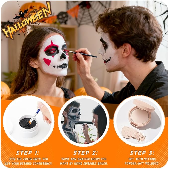 TonJin Black + White + Red Face Body Paint Set 5.28oz,Non-Toxic Professional Paint Palette Kit with 3 Brushes for Art Theater Halloween Party Cosplay Clown Corpse Paint SFX Makeup
