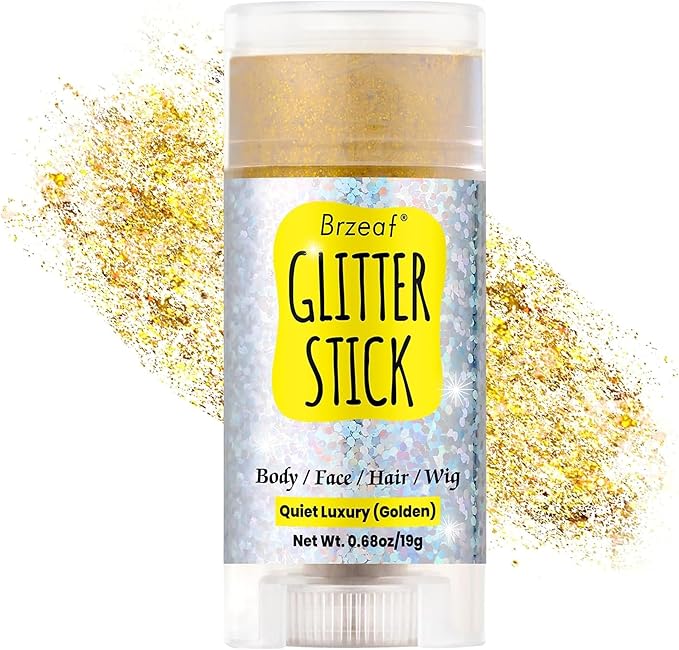Brzeaf Golden Glitter Stick, Face Glitter Makeup, Shimmery & Long Lasting, Chunky Glitter for Face/Body/Hair/Eyes/Lip, Singer Concert Music Christmas Rave Festival