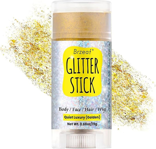 Brzeaf Golden Glitter Stick, Face Glitter Makeup, Shimmery & Long Lasting, Chunky Glitter for Face/Body/Hair/Eyes/Lip, Singer Concert Music Christmas Rave Festival
