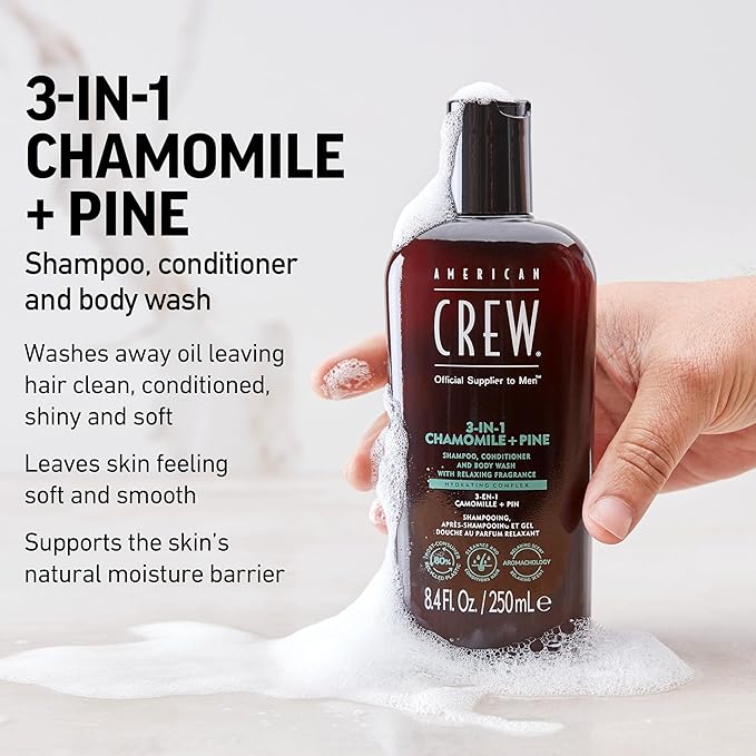 AMERICAN CREW 3-in-1 Chamomile & Pine, Shampoo, Conditioner & Body Wash for Men, Hair Care Gift for Him, Calming and Relaxing Fragrance, 15.2 fl oz