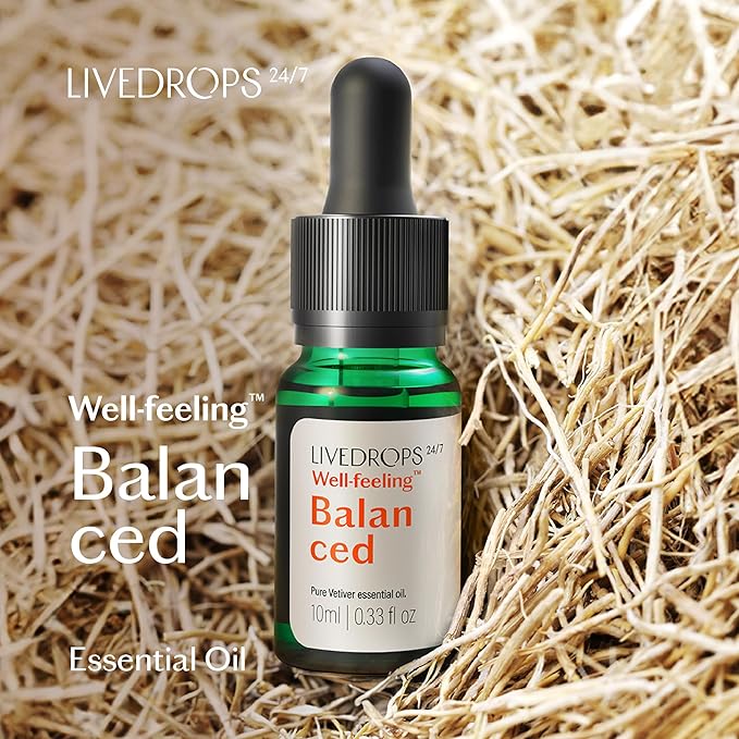 LIVEDROPS 24/7 Balanced Vetiver Essential Oil, Natural Vegan Aromatherapy for Diffuser or Diluted Skin Use, Earthy Woody Scent, Origin Haiti, Made in USA, Clinically Tested, 10ml