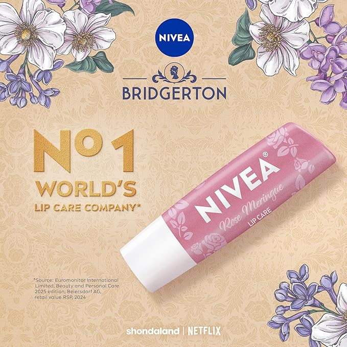 NIVEA Rose Meringue Lip Balm, Nourishing Lip Care, Bridgerton Limited Edition Moisturizing Lip Balm with Shea Butter, 3-in-1 Moisture, Repair and Nourish, 0.17 Oz Stick