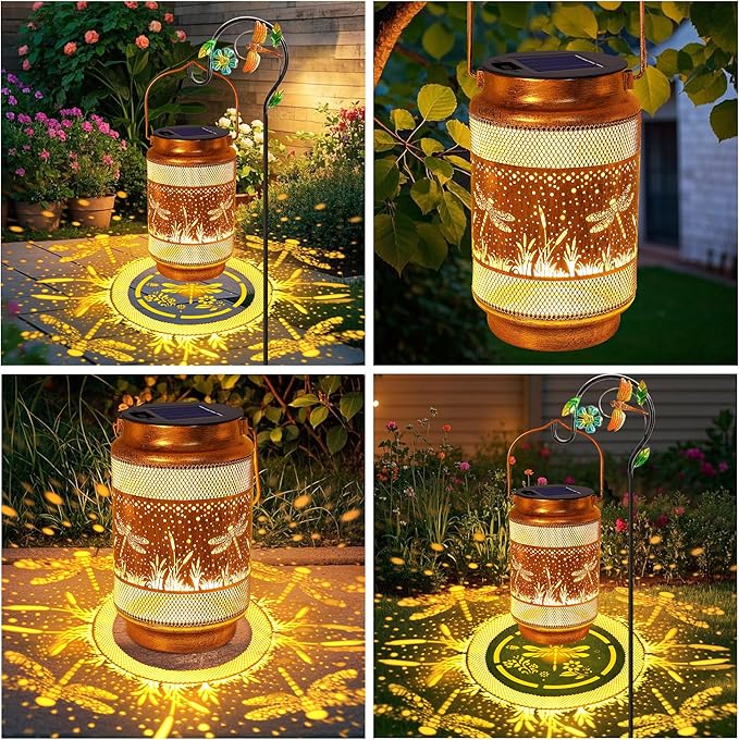 2 Pack Dragonfly Solar Lanterns Outdoor Waterproof Solar Garden Decor, Birthday Gifts for Christmas Women Mom Grandma, Metal Hanging Lights with Shepherd Hook for Outside Yard Patio Pathway Porch