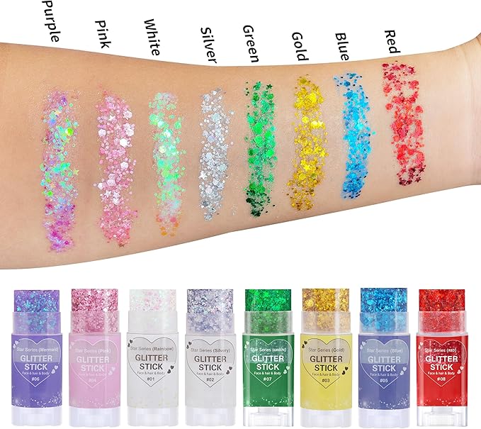 Purple Hair Glitter Stick,Halloween Body Face Glitter Makeup,Mermaid Costume Waterproof Singer Concert Outfits for Women,Mardi Gras Accessories Chunky Glitter Sequins Body Paint for Carnival