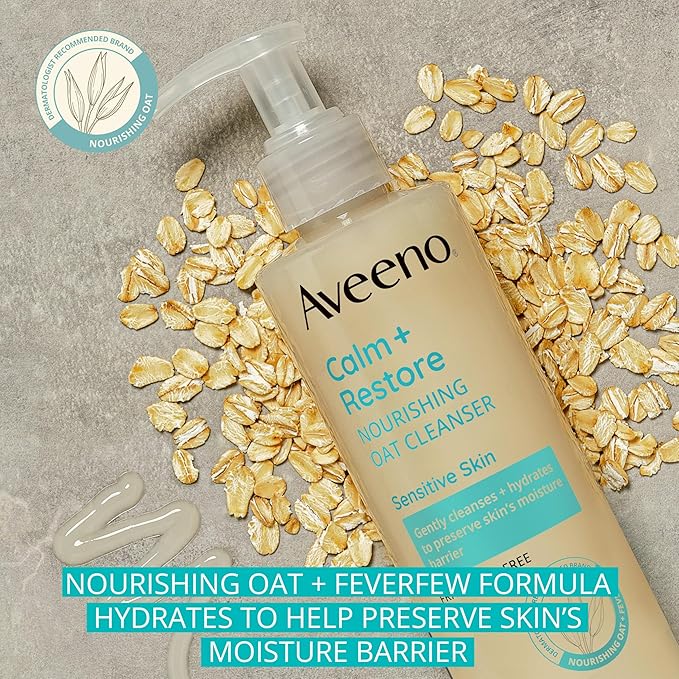 Aveeno Calm + Restore Nourishing Oat Cleanser, Daily Hydrating Facial Cleanser & Face Wash for Sensitive Skin, Non-Foaming, Hypoallergenic, Non-Comedogenic, Fragrance-Free, with Feverfew, 7.8 fl oz