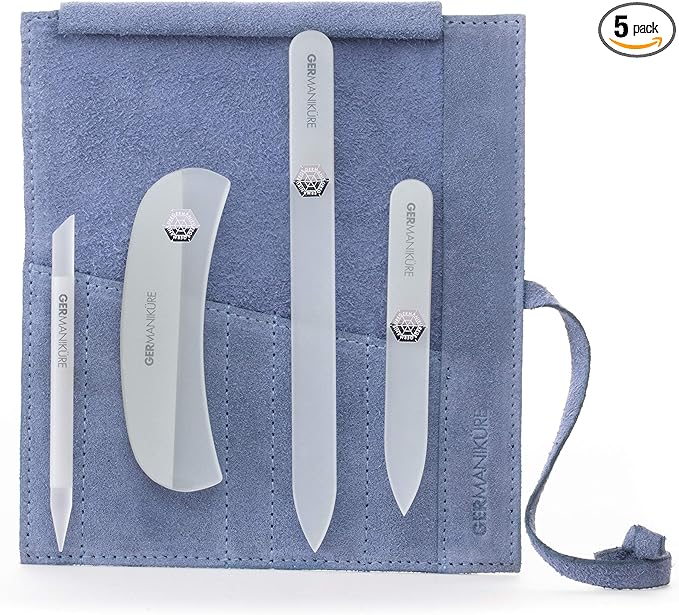 GERMANIKURE Gray Crystal Glass Nail File Set in Light Blue Suede Case – Handmade in Czech Republic – Professional Manicure & Pedicure Supplies – Glass Cuticle Stick, Pusher, Moon File