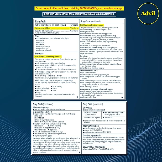Advil Dual Action Coated Caplets, 125 Mg Ibuprofen and 250 Mg Acetaminophen per Dose (2 Dose Equivalent) for 8 Hour Pain Relief - 216 Count