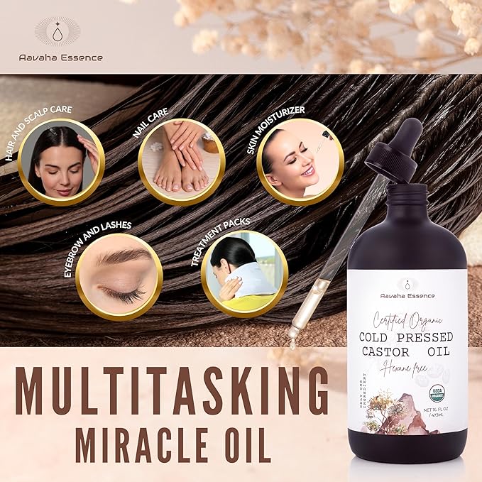 Aavaha Essence Organic Castor Oil – Cold-Pressed, Hexane-Free, 100% Pure & USDA Certified – Cold Pressed Oil for Hair, Skin, Eyelashes & Brows – 16 oz Glass Bottle with Dropper + Mini Glass Roll-On