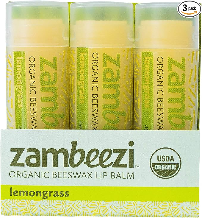 ZAMBEEZI Organic, Fair Trade Beeswax Lip Balm - Lemongrass 3 Pack - Ethically Sourced