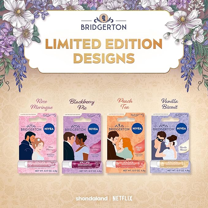 NIVEA Lip Care, Bridgerton Limited Edition Moisturizing Lip Balms with Shea Butter, Blackberry Pie, Peach Tea, Rose Meringue, and Vanilla Biscuit, Four 0.17 Oz Sticks