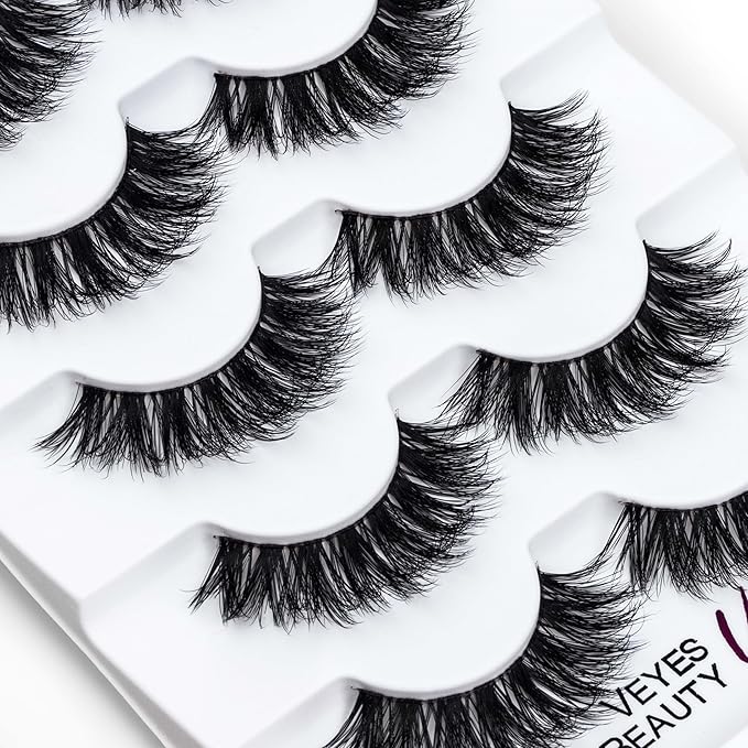 VEYESBEAUTY False Eyelashes Wispy Lashes Lightweight Natural Look Fluffy 3D Layered Volume Faux Mink Thin & Invisible Band Starfall Lashes, Comfortable and Reusable, 5 Pairs