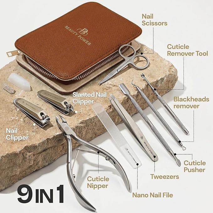 9 in 1 Professional Manicure Pedicure Set - Stainless Steel Nail Clippers, Nano File, Cuticle Nipper, Scissors, Tweezers, Travel PU Leather Case for Men & Women - Gift Ready Brown New