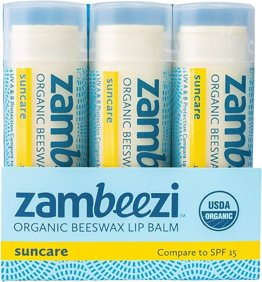 ZAMBEEZI Organic, Fair Trade Beeswax Lip Balm - Suncare 3 Pack - Mineral Based Zinc Oxide Sun Protection - Ethically Sourced