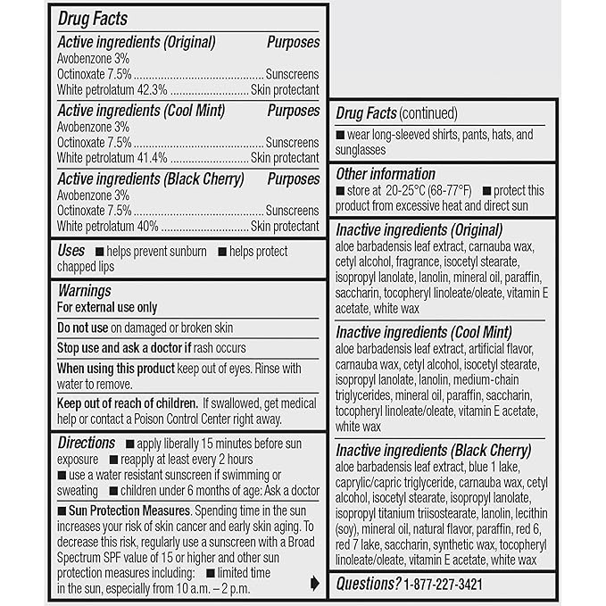 ChapStick Moisturizer 2-in-1 Lipcare SPF 15, Original, Black Cherry, Cool Mint, 6-Pack – Sunscreen Lip Balm with Aloe Vera and Vitamin E, 0.15 Oz Ea