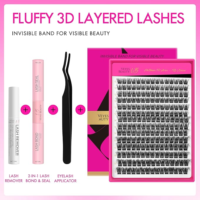 VEYESBEAUTY Lash Clusters Kit Fluffy Individual Lash Extensions Xtreme 3D Layered Volume Eyelashes kit Thin & Invisible Band Wispy Faux Mink Lash Mixed Length 10-18mm with Bond&Seal Remover Applicator