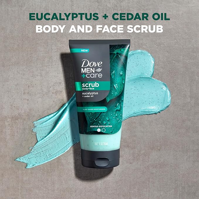 DOVE MEN + CARE Body and Face Scrub Eucalyptus Deeply Exfoliates for Hydrated & Nourished Skin 100% Gentle Cleanser, No Sulfate Cleansers or Parabens 9 oz