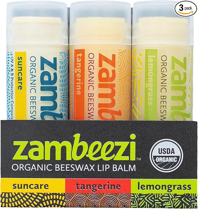ZAMBEEZI Organic, Fair Trade Beeswax Lip Balm - Variety 3 Pack (Suncare, Tangerine and Lemongrass) - Ethically Sourced