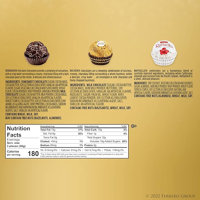 Ferrero Collection, Premium Assorted, Hazelnut, Dark Chocolate and Coconut, 24 Count Holiday Gift Box, 9.1 oz