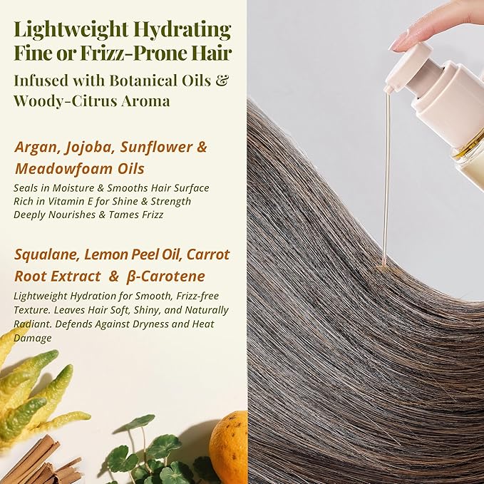 JANICORN Leave-In Hair Oil – Lightweight Hydration with Jojoba & Argan Oils, Sandalwood & Bergamot Aroma, Smooth Shine & Frizz Control for Fine to Frizz-Prone Hair, 3.4 fl oz / 100 ml