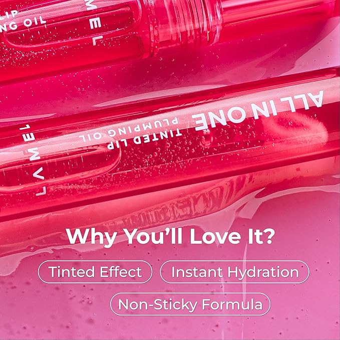 Lamel All-in-One Lip Oil - Lightweight, No-Sticky, Tinted, Plumping, Hydrating Lip Gloss - Lip Balm for Day & Night Use, Long-Lasting Lip Stain, Lip Glow Oil, Lip Plumper Tint - Pink Sparkle №402
