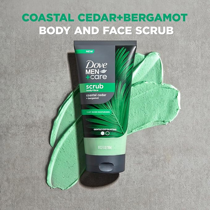 DOVE MEN + CARE Body and Face Scrub Costal Cedar Deeply Exfoliates for Hydrated & Nourished Skin 100% Gentle Cleanser, No Sulfate Cleansers or Parabens, 98% Biodegradable Formula 9 oz