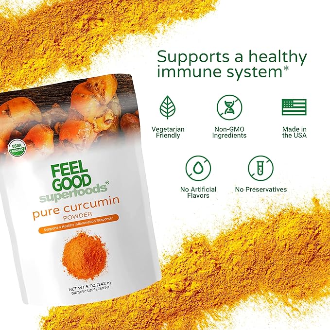 FEEL GOOD Superfoods Pure Curcumin Powder, Organic, Non-GMO, Vegan from Bulk Ground Turmeric Root from India, Curcuma Longa Joint Supplement, 5 oz