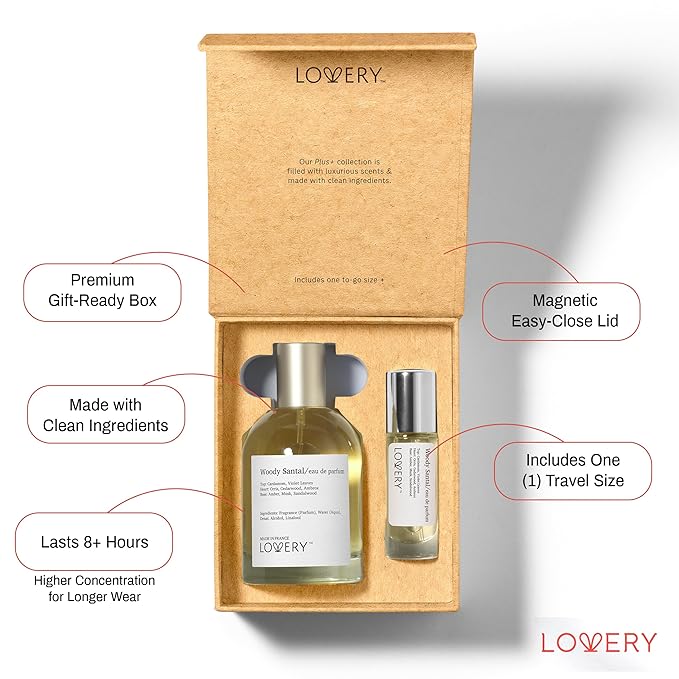 LOVERY Woody Santal Sandalwood - Inspired by Fragrance perfume S.antal 33. Womens Perfume with Travel Spray Bottle - Women's Eau De Parfum, Long Lasting, 8+ hours, Clean Ingredients, 100mL + 10mL