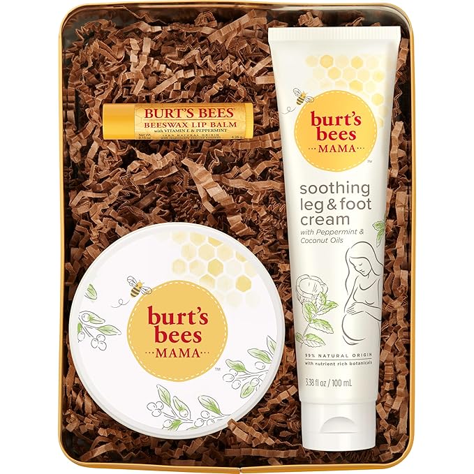 Burt’s Bees Mama Gift Set, Includes Lip Balm, Leg and Foot Cream, and Belly Butter, Natural Origin Skin Care, 0.15 oz./3.38 oz./6.5 oz.