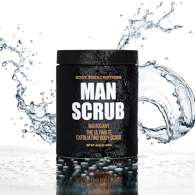 Body Prescriptions Men’s Exfoliating Body Scrub – Ultimate Skin Cleansing Wash in Jar with Twist-Top Lid, For All Skin Types, 21 Ounce (Pack of 1), Mahogany