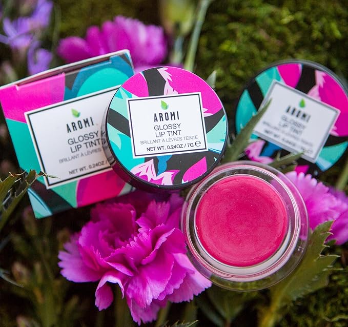 Aromi Glossy Lip Tint in Pot – Hydrating Lip Gloss Color, Sheer, Bright Pink Magenta Shade, Vegan & Cruelty-free, Moisturizing, Non-Sticky Formula (Pink Tulip)
