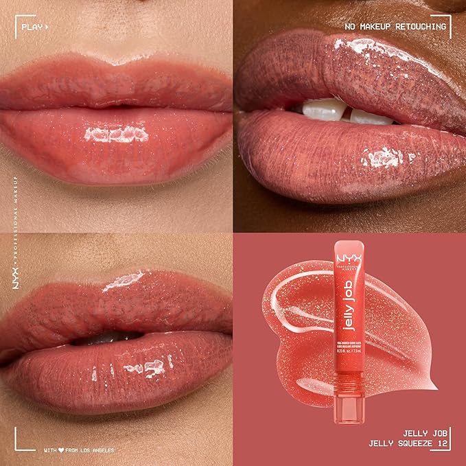 NYX PROFESSIONAL MAKEUP Jelly Job Lip Gloss, Lip Tint Gloss with Full-Bodied, Smoothing, and Hyper-Glossy Shine - Jelly Squeeze (Peach Pearl Shimmer)