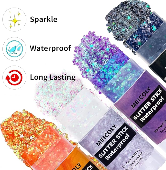 MEICOLY Orange Face Body Glitter Stick,Hair Glitter Stick for Kids and Women,Sparkle Chunky Glitter Makeup,Waterproof Face Glitter for Party Rave Festival