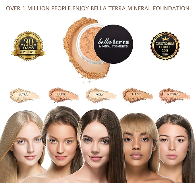 BellaTerra Cosmetics Mineral Powder Foundation – Latte | Medium Warm Shade | Smooth Matte Mineral Formula with Buildable Coverage for Balanced Complexions 9g