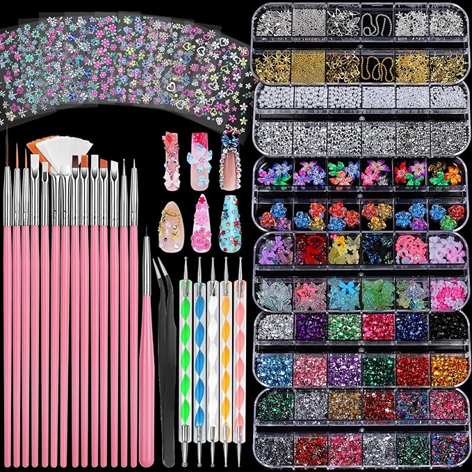 FANDAMEI Nail Art Brushes, Nail Art Kit with 15 Pcs Nail Art Brush, 5 Pcs Dotting Tools, 6 Box Nail Charms and Gems, 10 Sheet Flower Nail Stickers, Complete Nail Decoration Art with Nail Art Brushes