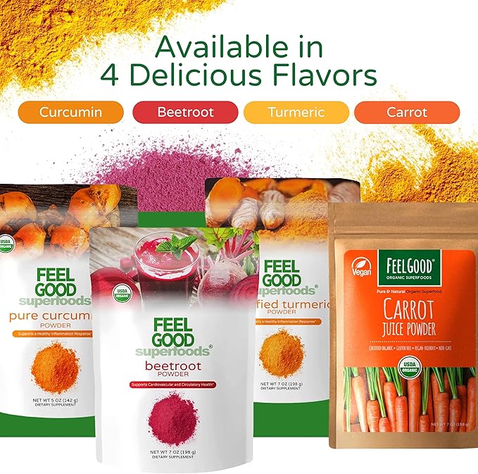 FEEL GOOD Superfoods Pure Curcumin Powder, Organic, Non-GMO, Vegan from Bulk Ground Turmeric Root from India, Curcuma Longa Joint Supplement, 5 oz