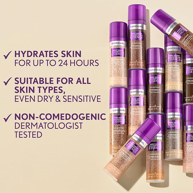 Covergirl Simply Ageless Skin Perfector Essence Foundation, 10 Fair, Tinted Skincare Makeup Hybrid, Sheer Tint, Radiant Finish, Glowy Finish, Vegan Formula, 1.0oz
