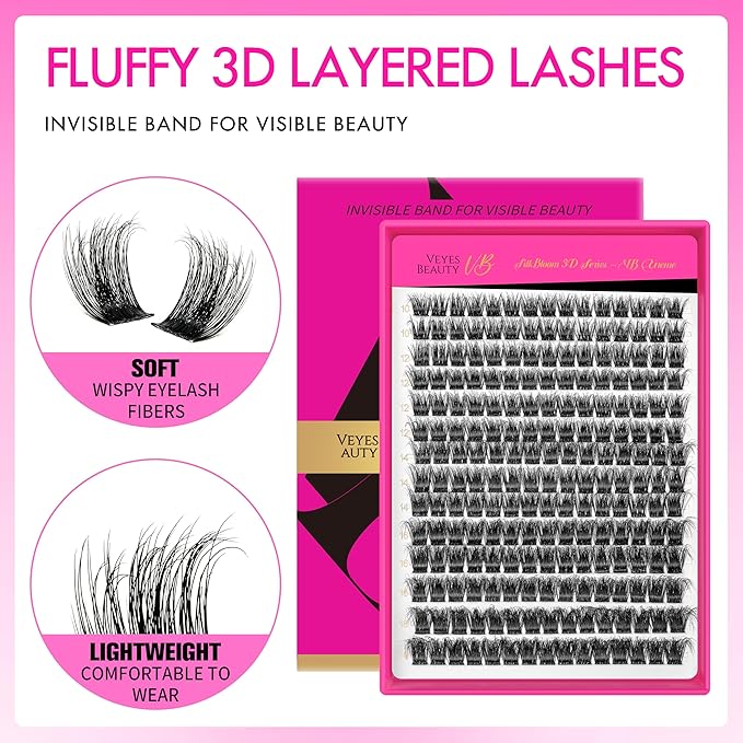 VEYESBEAUTY Lash Clusters Fluffy Individual Lash Extensions Xtreme 3D Layered Volume Eyelashes Thin & Invisible Band Wispy Faux Mink Lash Silk Bloom 3D Series Mixed Length 10-18mm