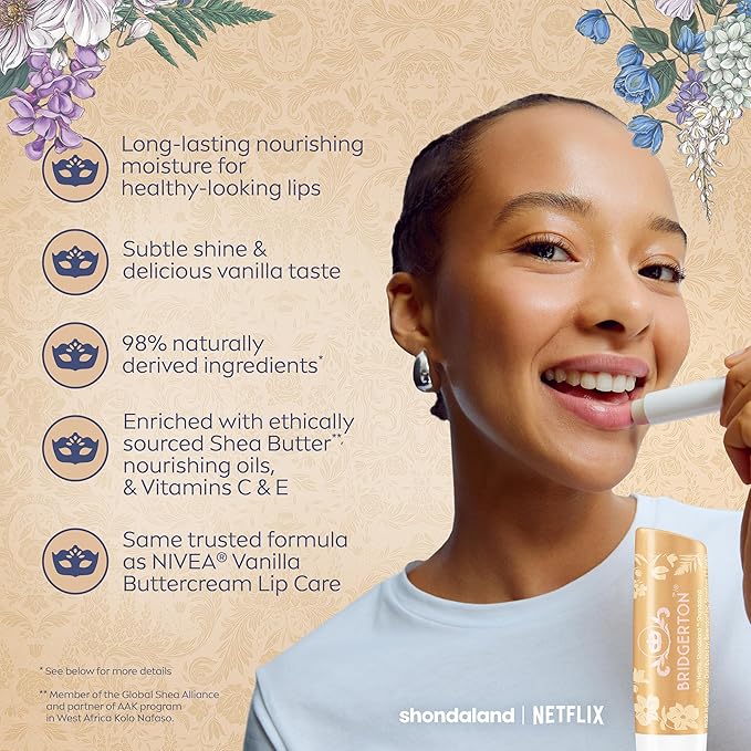 NIVEA Lip Care, Bridgerton Limited Edition Moisturizing Lip Balms with Shea Butter, Blackberry Pie, Peach Tea, Rose Meringue, and Vanilla Biscuit, Four 0.17 Oz Sticks