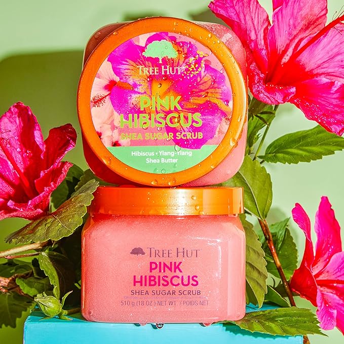 Tree Hut Pink Hibiscus Shea Sugar Scrub, Exfoliating, Hydrating & Moisturizing Body Scrub with Shea Butter & Nourishing Essential Oils, Smooth & Soften Skin, 18 oz