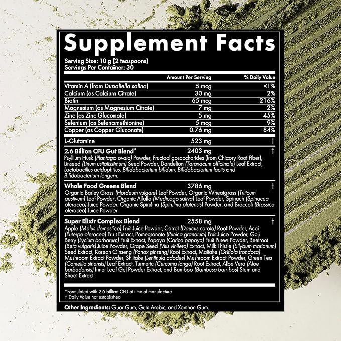 WelleCo The Super Elixir, Daily Greens Powder with Probiotics, Superfoods & Whole Foods, Unflavored Drink Mix for Gut Health, Immunity, Energy, Skin & Hair, 10.5oz Jar