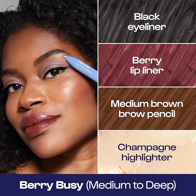 Alleyoop Pen Pal 4-in-1 Makeup Pen – Comes with Eyeliner, Lip Liner, Highlighter Makeup & Eyebrow Pencils for Women – Portable, Touch-Up On the Go – Cruelty-Free, Vegan (Berry Busy (Medium - Deep)