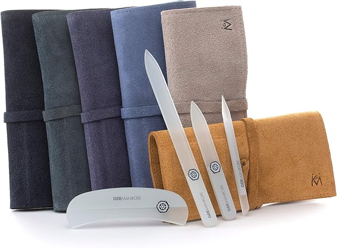 GERMANIKURE Gray Crystal Glass Nail File Set in Purple Suede Case – Handmade in Czech Republic – Professional Manicure & Pedicure Supplies – Glass Cuticle Stick, Pusher, Moon File