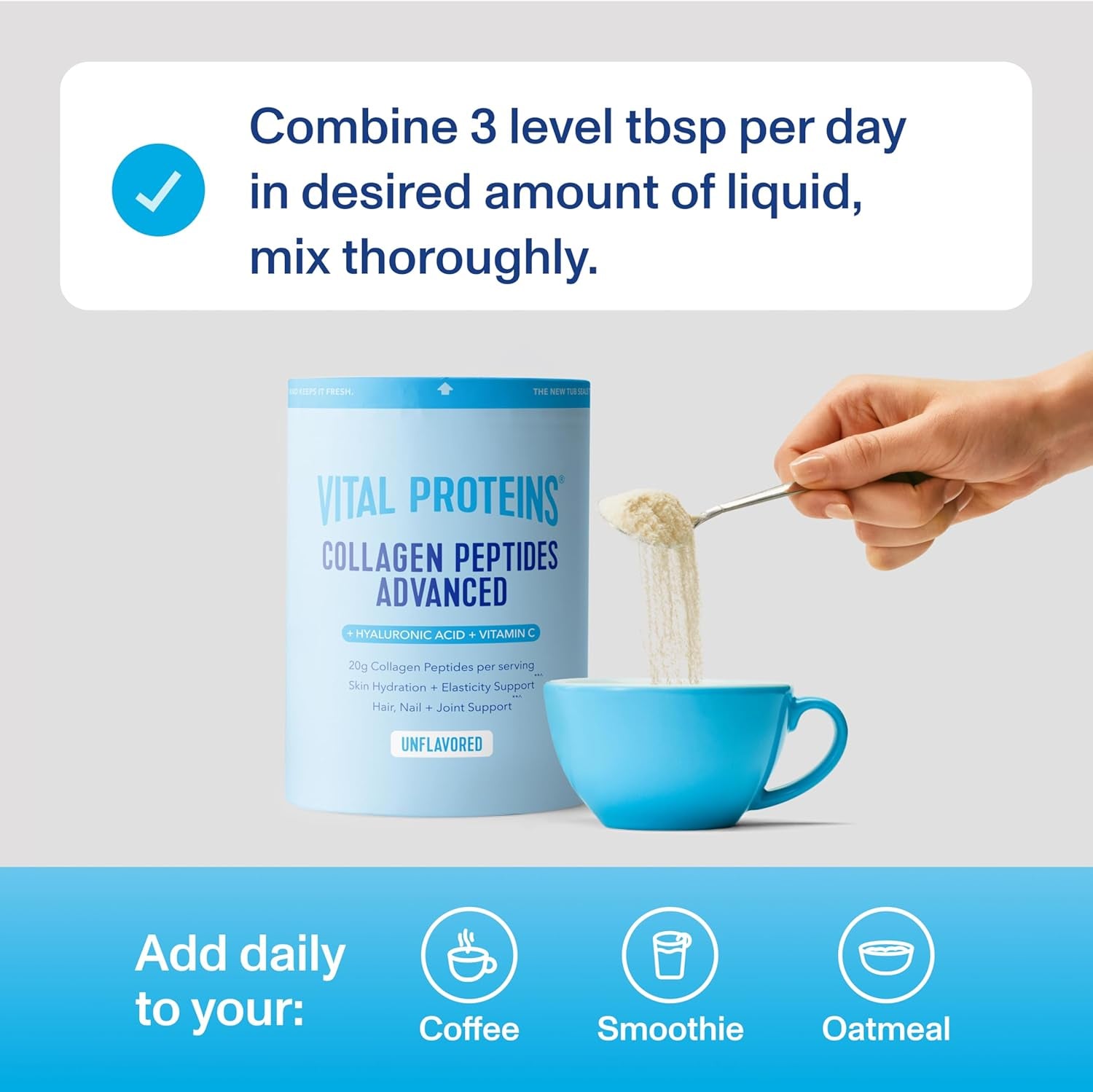Collagen Peptides Powder Advanced with Hyaluronic Acid & Vitamin C, 20Oz Collagen Protein, Unflavored, 27 Servings